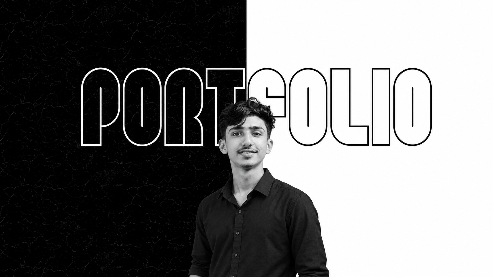 Portfolio. Muhammed Jaseel in a black shirt against a split black-and-white background.